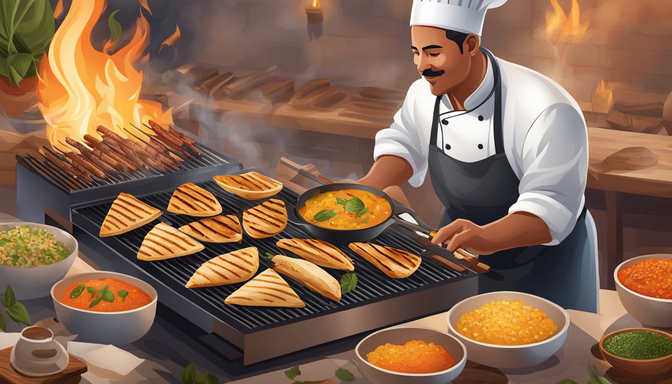 A chef grilling criadillas over an open flame, surrounded by exotic spices and ingredients