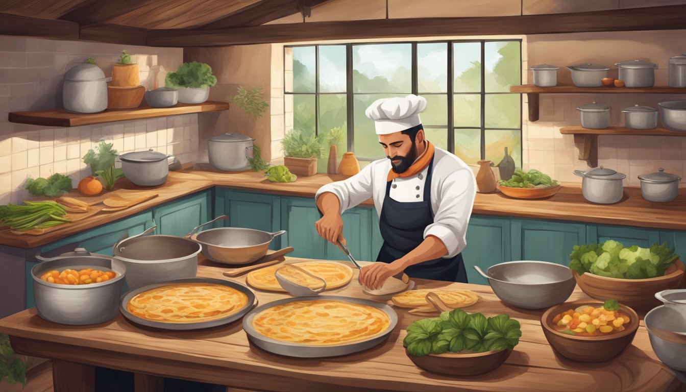 A chef preparing criadillas in a rustic kitchen with fresh ingredients and sustainable cooking practices