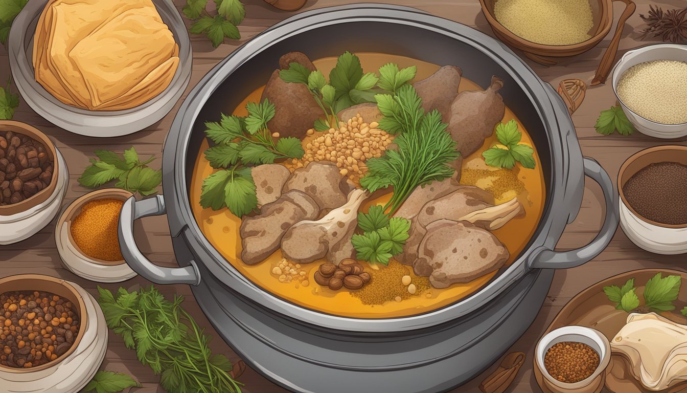 A simmering pot of khash, filled with various cow parts, surrounded by aromatic spices and herbs