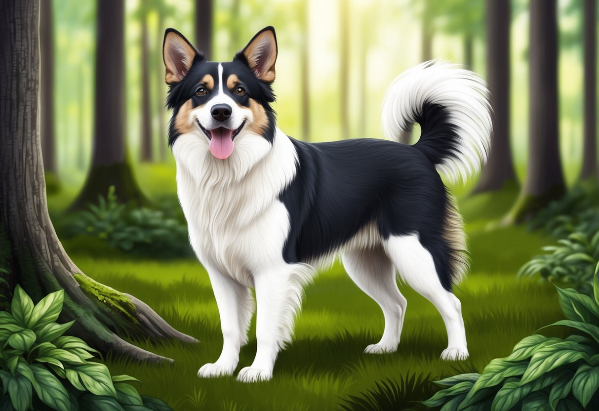 A Slovensky Kopov dog standing in a lush forest, with its ears perked up and its tail wagging eagerly