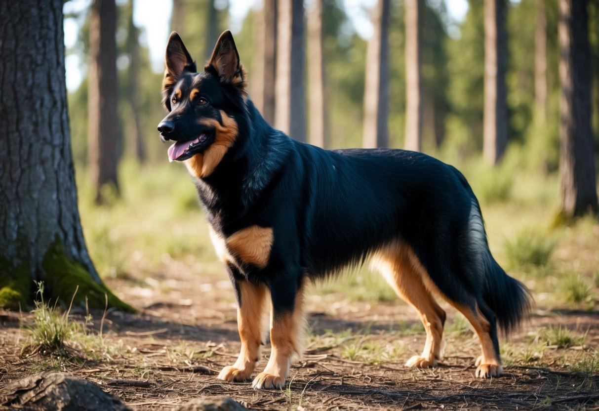 A Slovensky Kopov dog standing alert in a forest clearing, with a thick, black coat, long ears, and a sturdy build