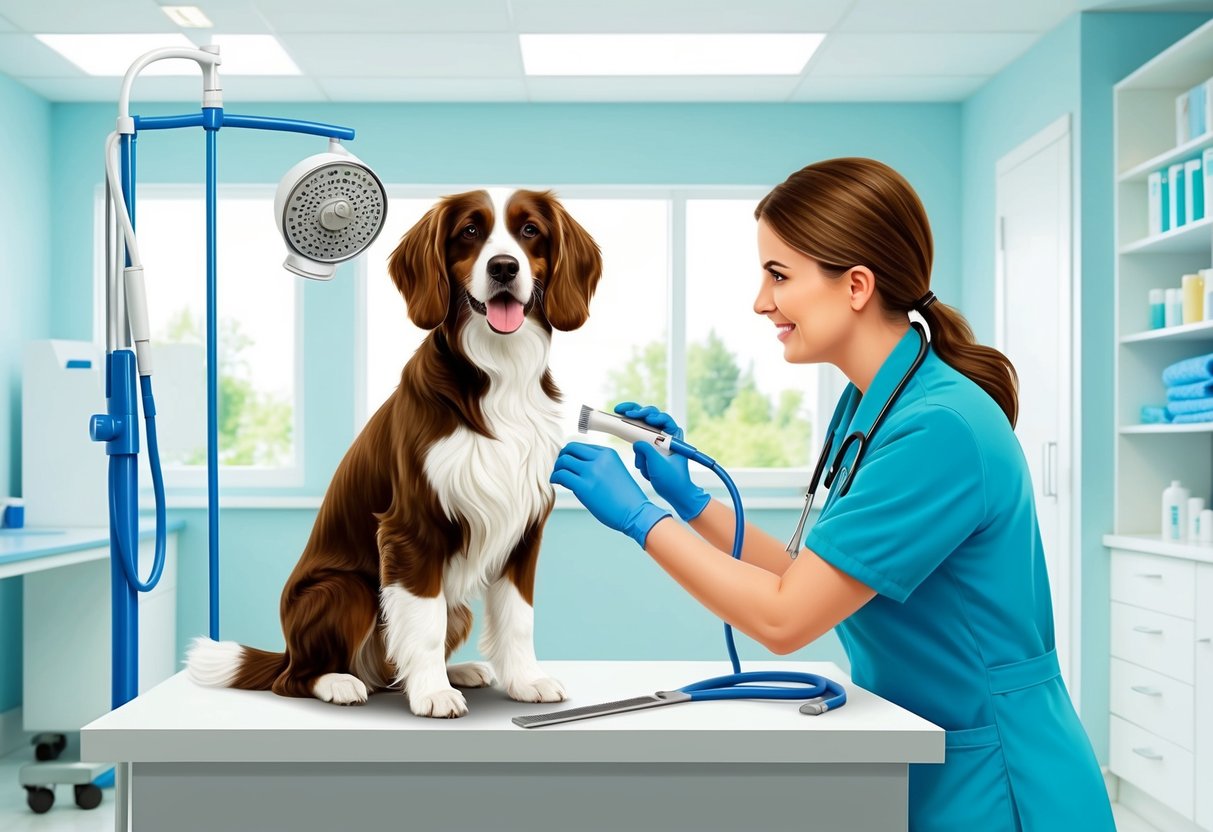 A Slovensky Kopov dog being groomed and examined by a veterinarian in a bright and clean clinic