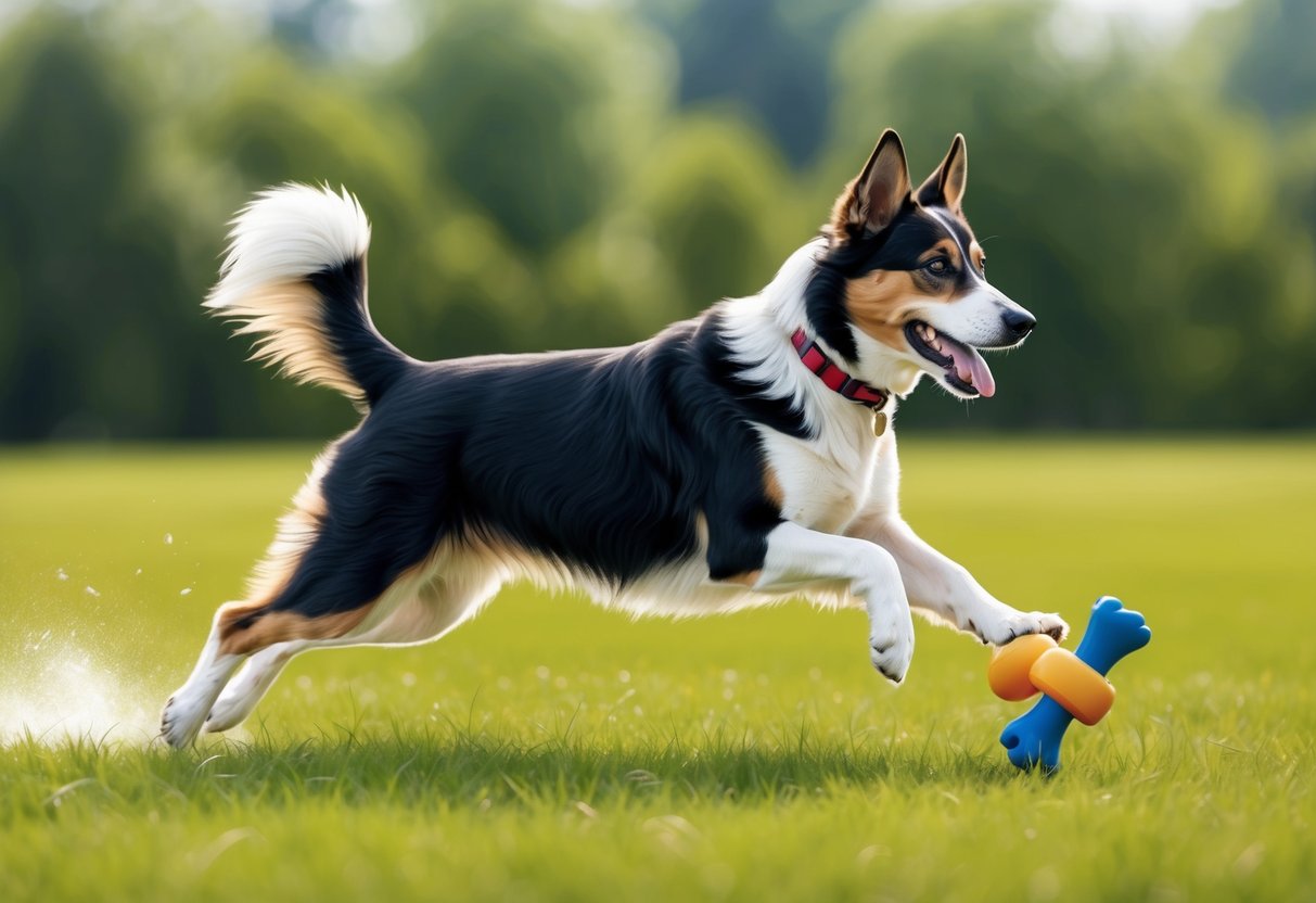 A Slovensky Kopov dog is engaged in training and activities, such as running, jumping, and playing with toys in a grassy outdoor setting