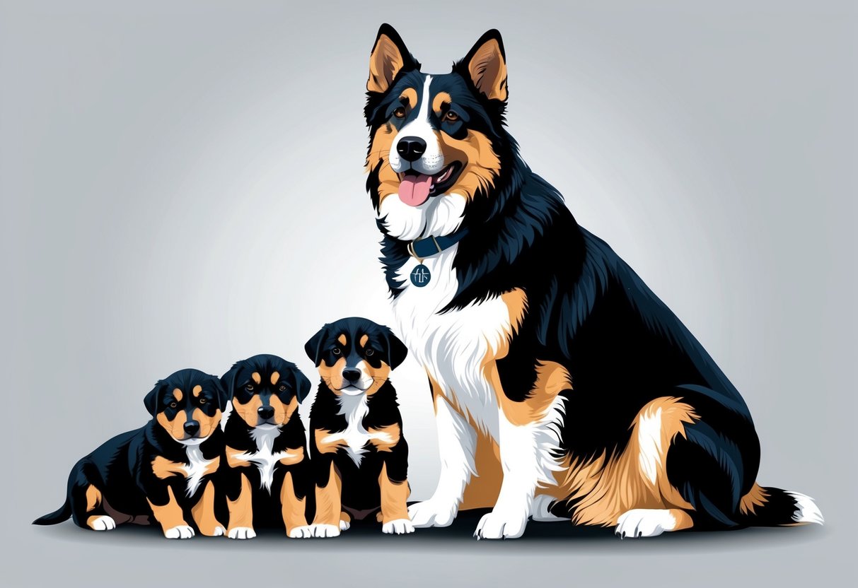 A Slovensky Kopov dog stands proudly next to its litter of puppies, showcasing the breed's strong and loyal legacy