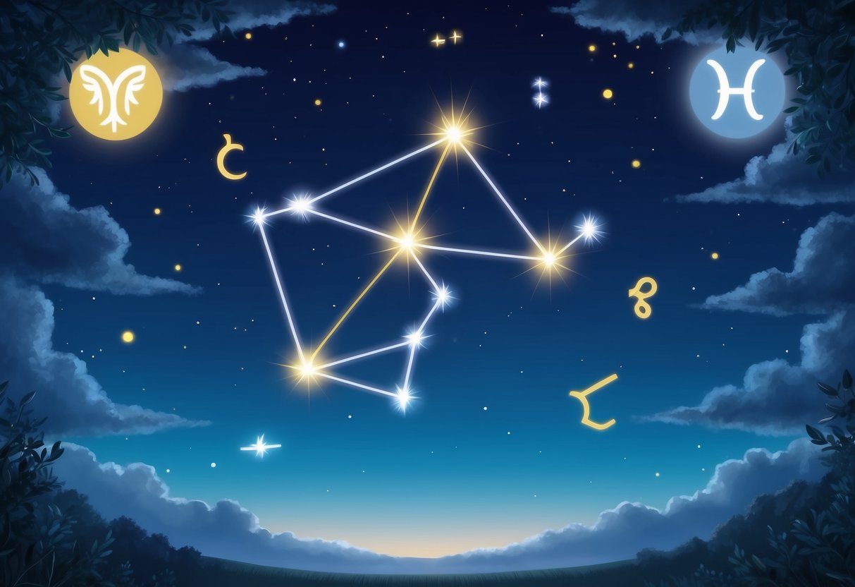 A serene night sky with the Virgo constellation shining brightly, surrounded by other zodiac signs