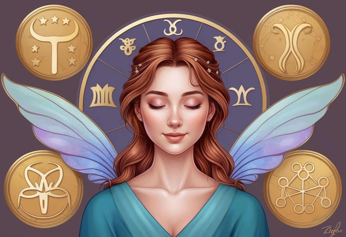 A serene Virgo surrounded by harmonious zodiac symbols