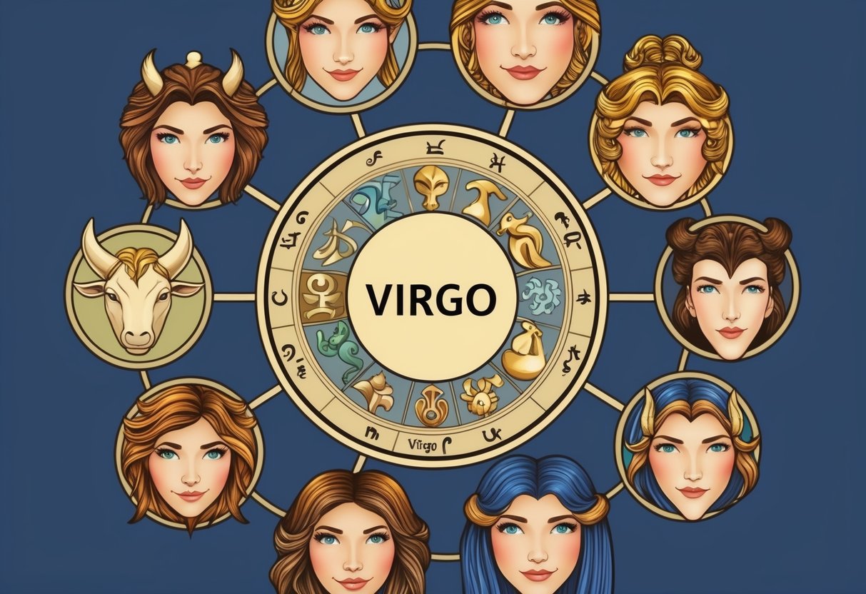 A circle of zodiac symbols surrounding the Virgo symbol, each with a unique expression