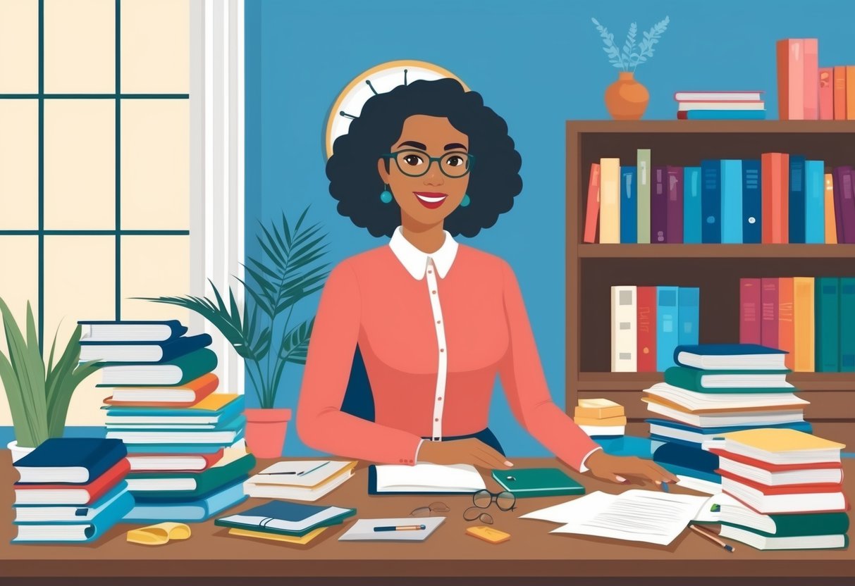 A Virgo carefully organizes a cluttered desk, arranging books and papers with precision