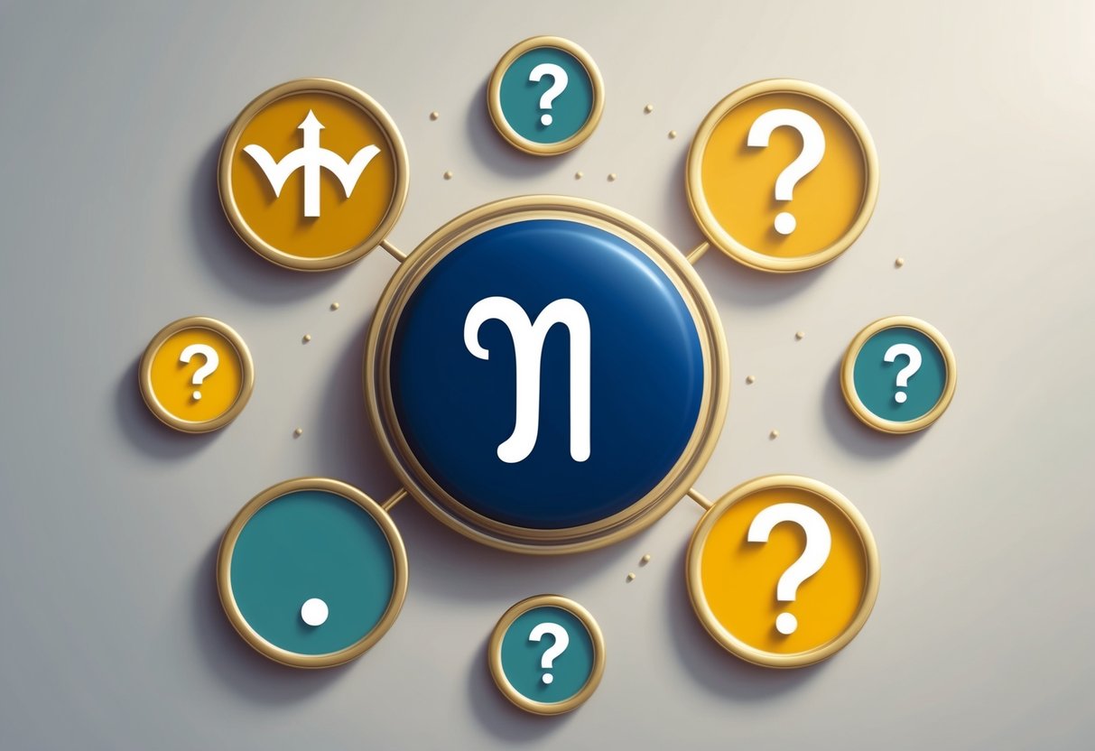 A Virgo symbol surrounded by zodiac signs, with question marks floating around it