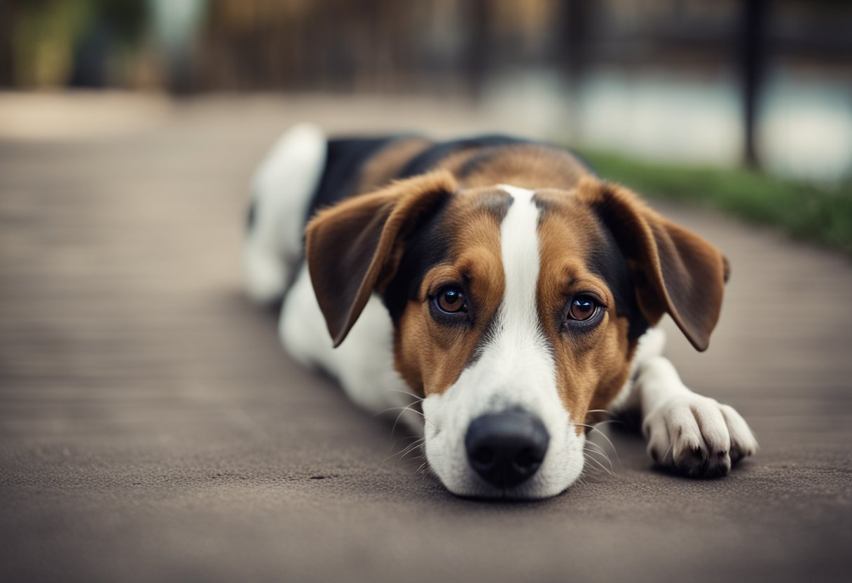 Um cachorro com orelhas caídas e uma expressão de dor, deitado imóvel com o rabo murchado e evitando movimento.