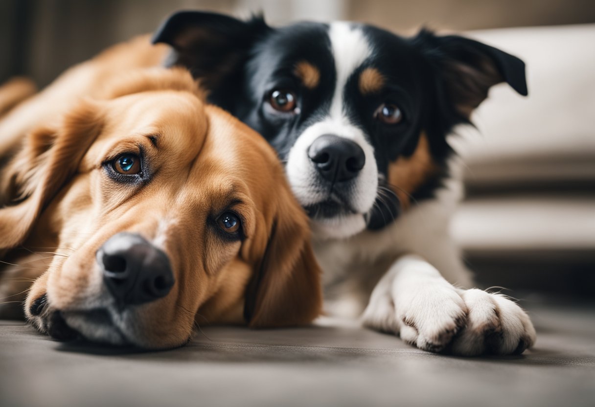 Um cachorro deitado com uma expressão de dor, levantando uma pata e gemendo, enquanto um dono preocupado observa.