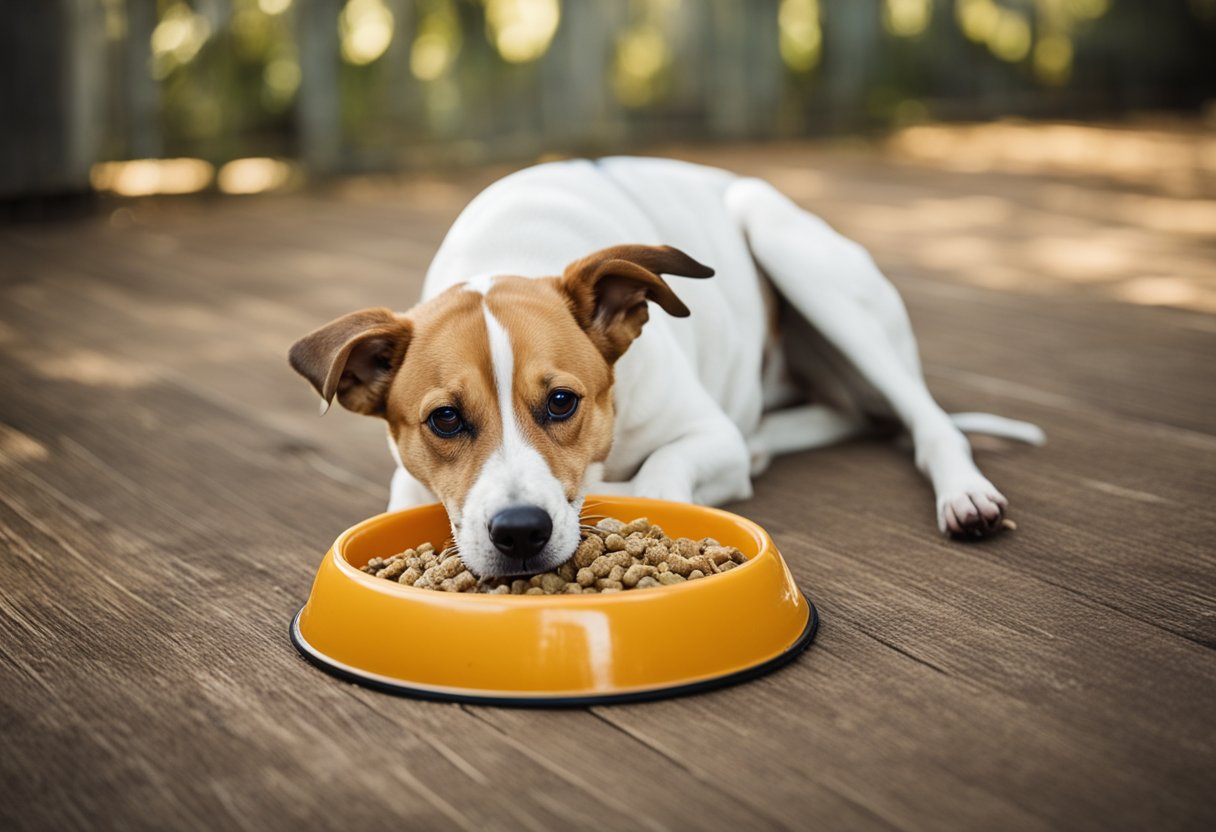 Um cachorro manco senta ao lado de sua tigela de comida, com a testa franzida e os olhos fechados indicando desconforto. Outro animal de estimação cheira e empurra o cachorro machucado, demonstrando preocupação.