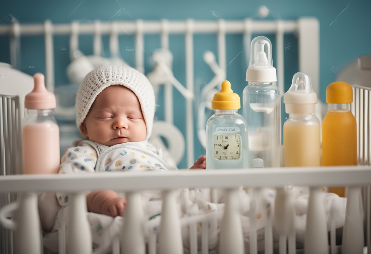 A newborn baby lying in a crib, surrounded by bottles, formula, and breast pumps. A clock on the wall shows the time