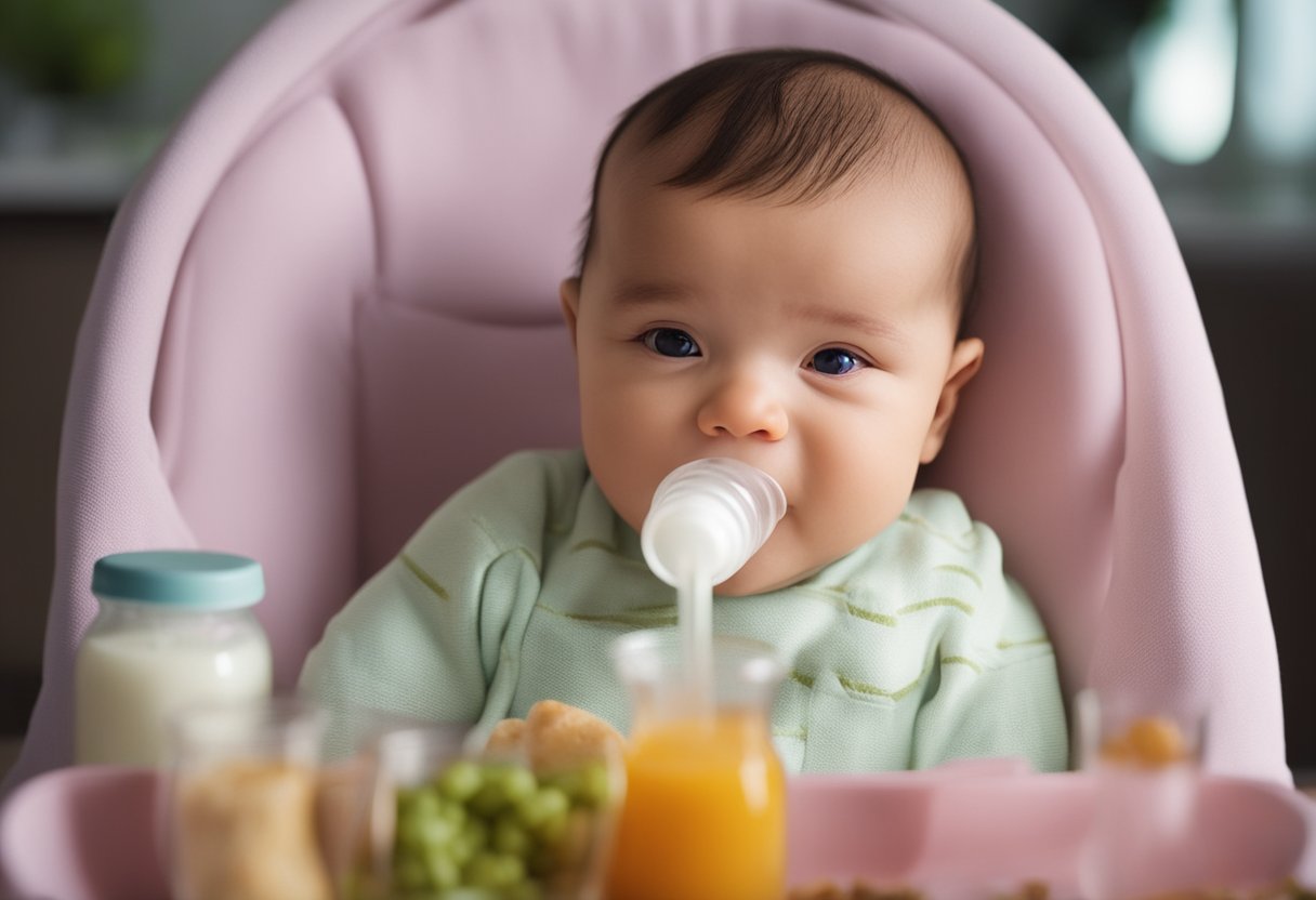 A newborn baby bottle-feeding with a content and satisfied expression, surrounded by various baby-friendly foods and a healthy digestive system