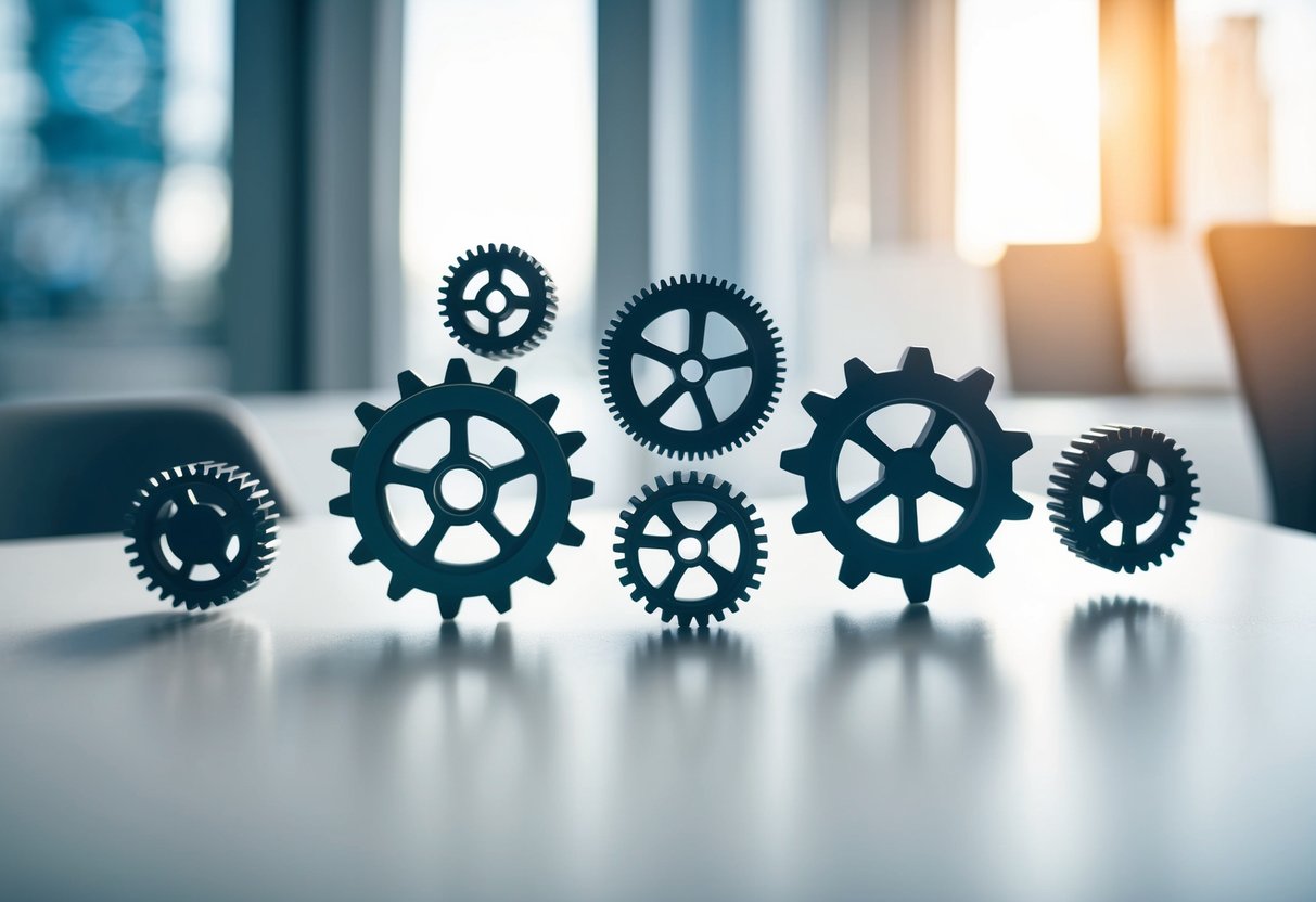 A group of interconnected gears in motion, symbolizing the dynamic and collaborative nature of agile project management