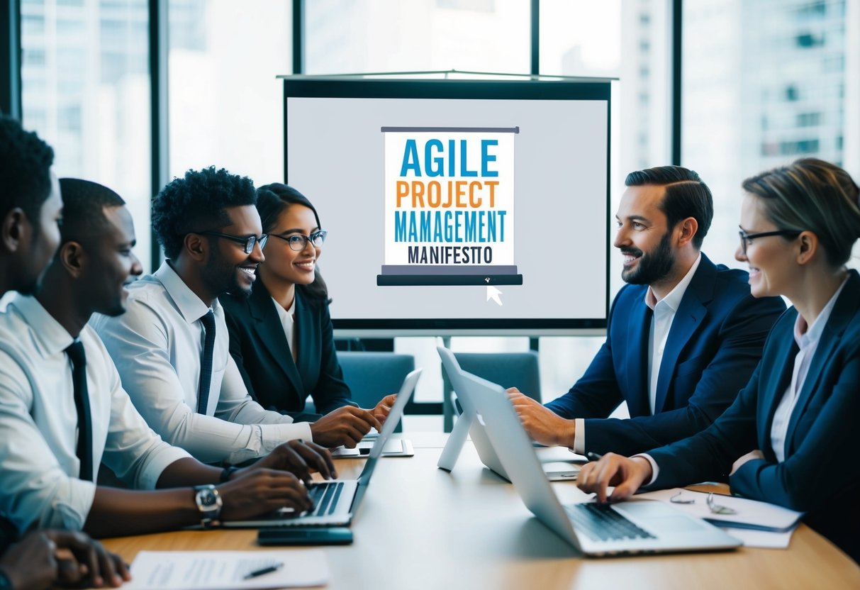 A team of diverse professionals collaborating around a table with Agile project management manifesto displayed on a screen