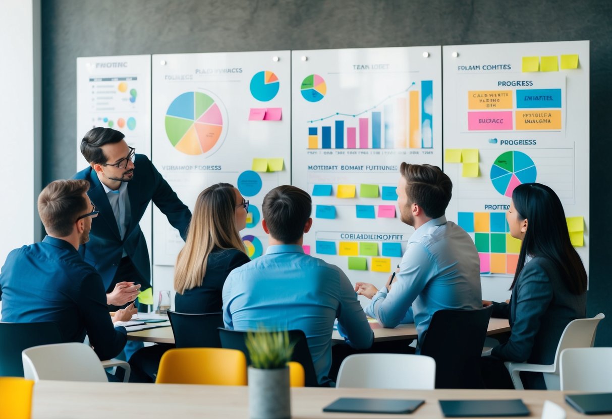 A team collaborating on a project, using visual boards, charts, and post-it notes to plan and track progress in a dynamic and flexible manner