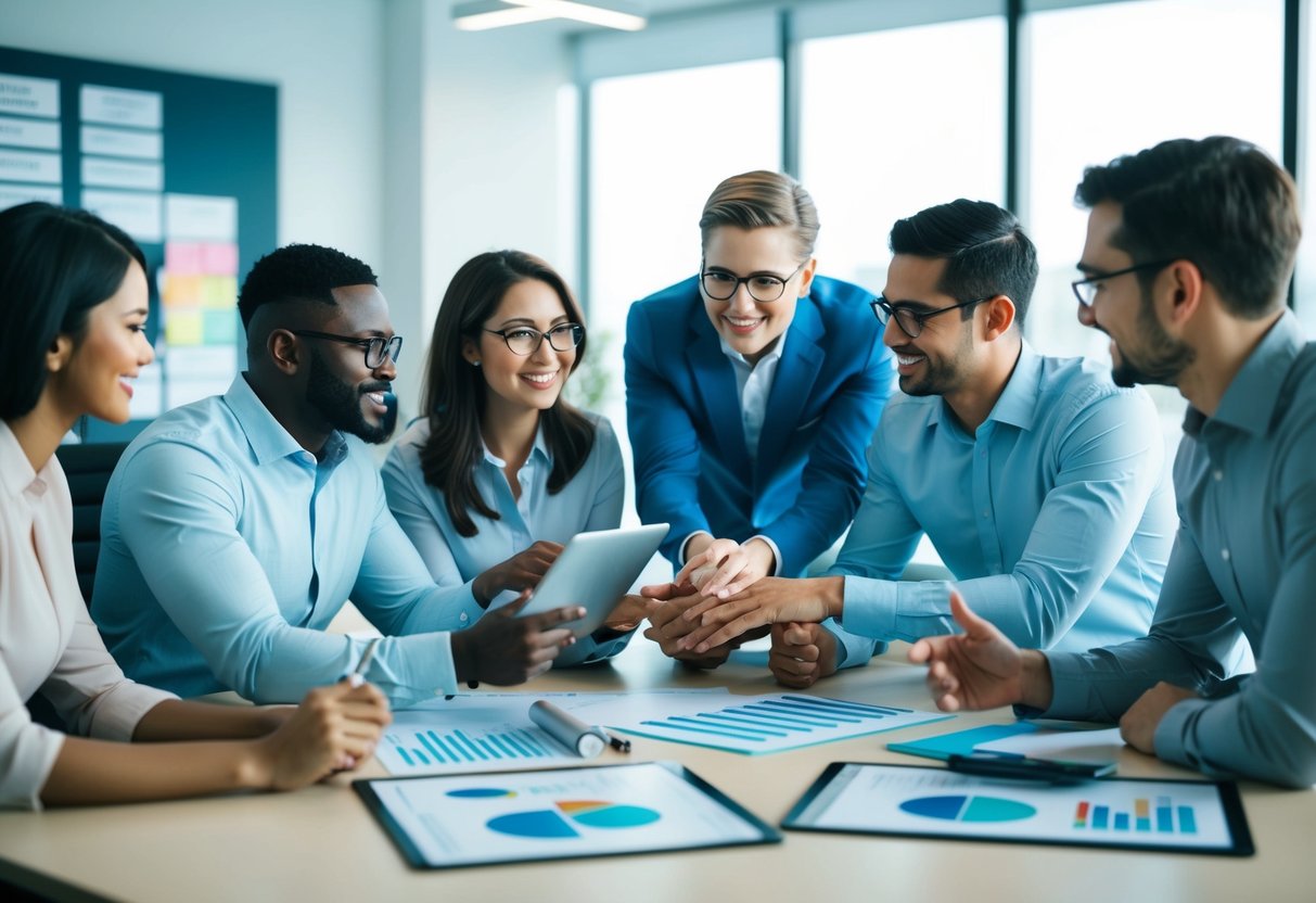 A team of diverse professionals collaborating in a modern office setting, surrounded by agile project management tools and charts