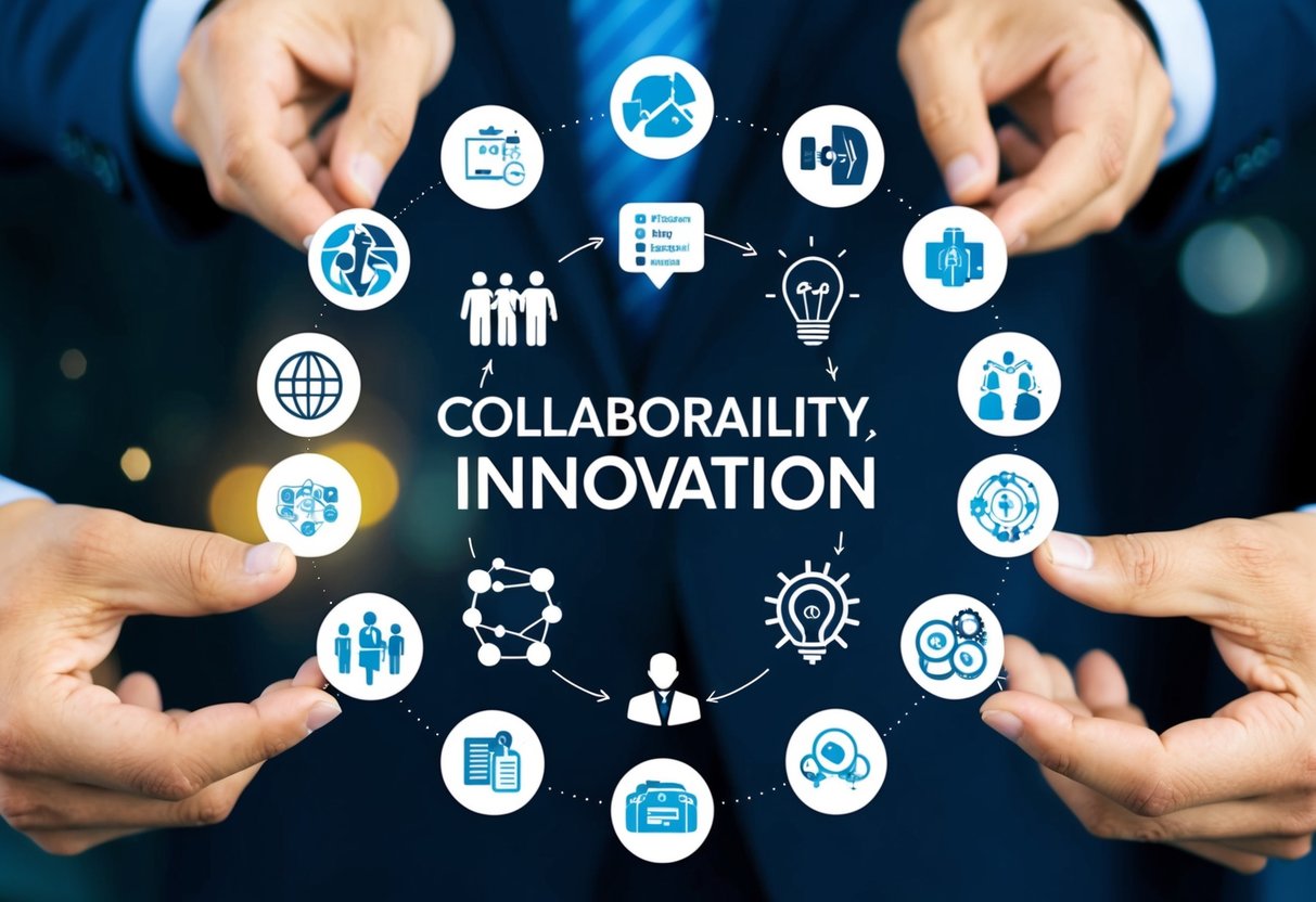 A group of diverse symbols and icons representing collaboration, adaptability, and innovation arranged in a circular formation