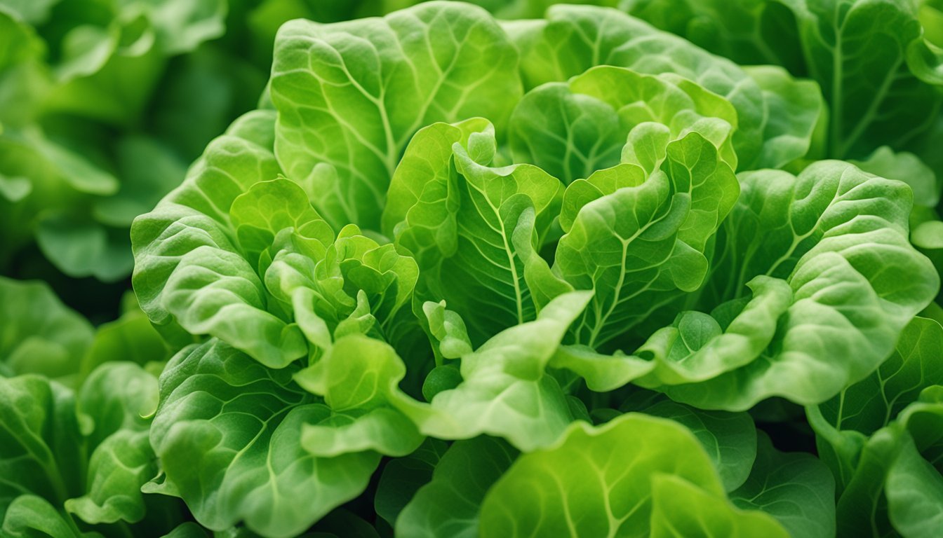 A close-up of lush, crinkled Buttercrunch lettuce leaves, showcasing their bright green color and tender, sweet texture