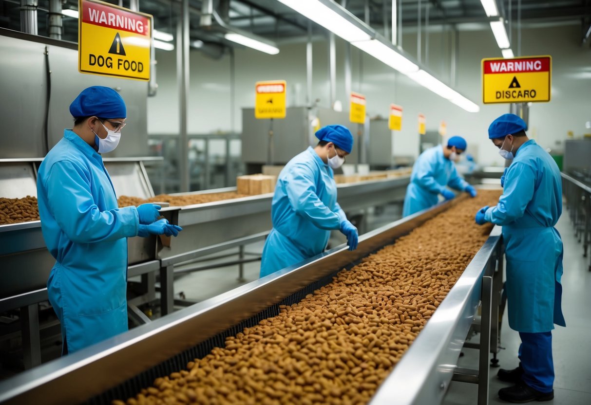 A dog food factory with warning signs, a conveyor belt, and workers inspecting and discarding contaminated food