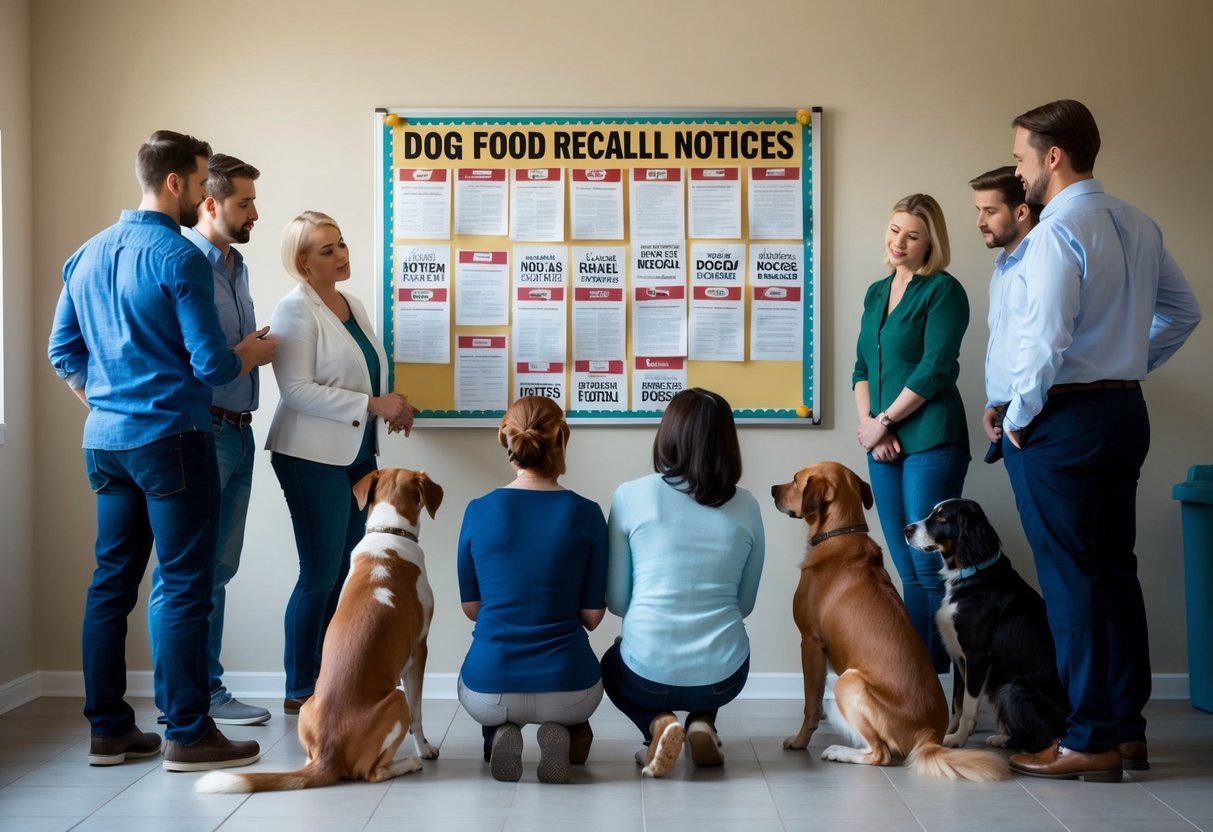 A group of concerned pet owners gather around a bulletin board covered in dog food recall notices, discussing how to protect their beloved dogs