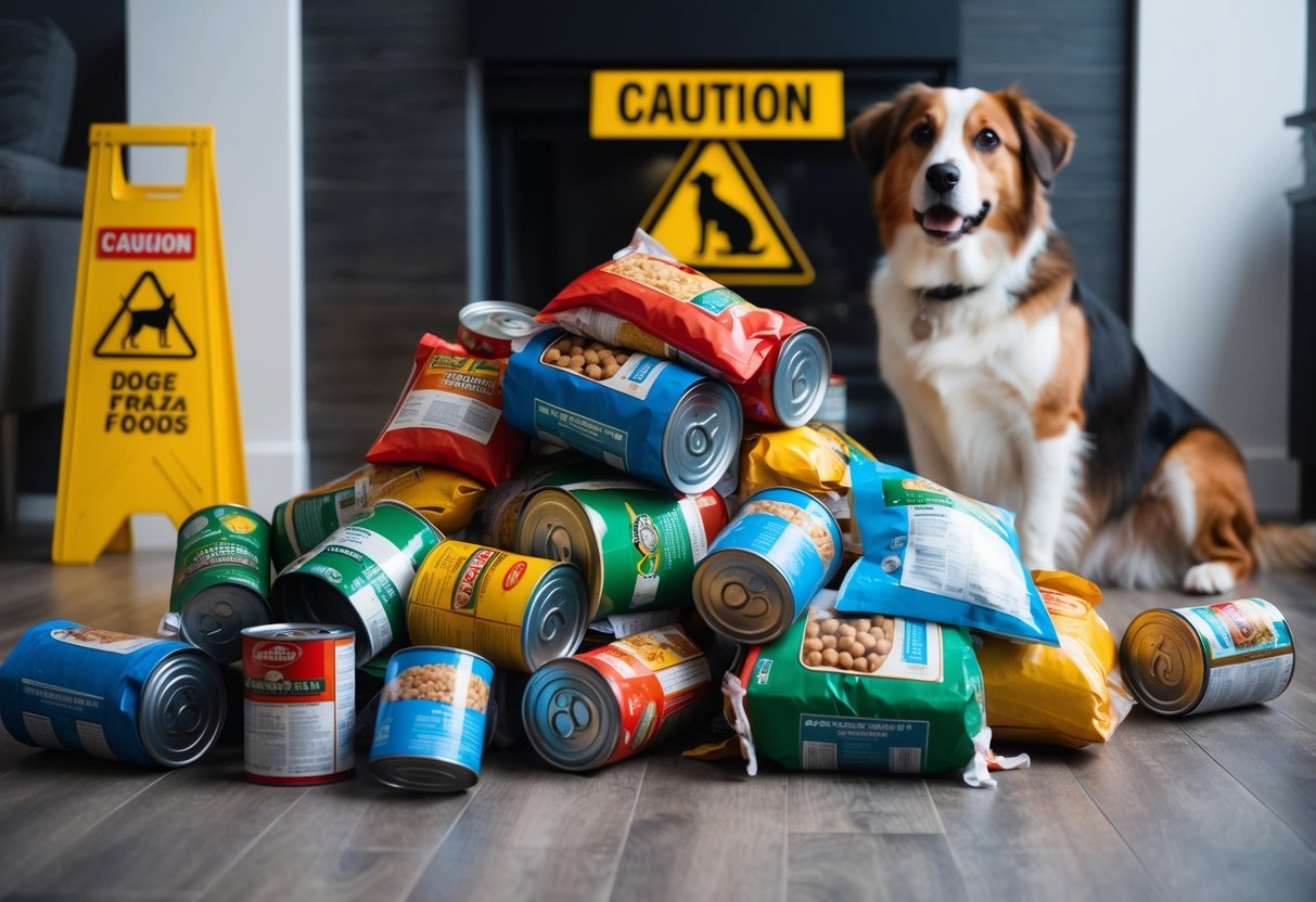 A pile of various dog food bags and cans scattered on the floor, with a caution sign and a concerned looking dog in the background