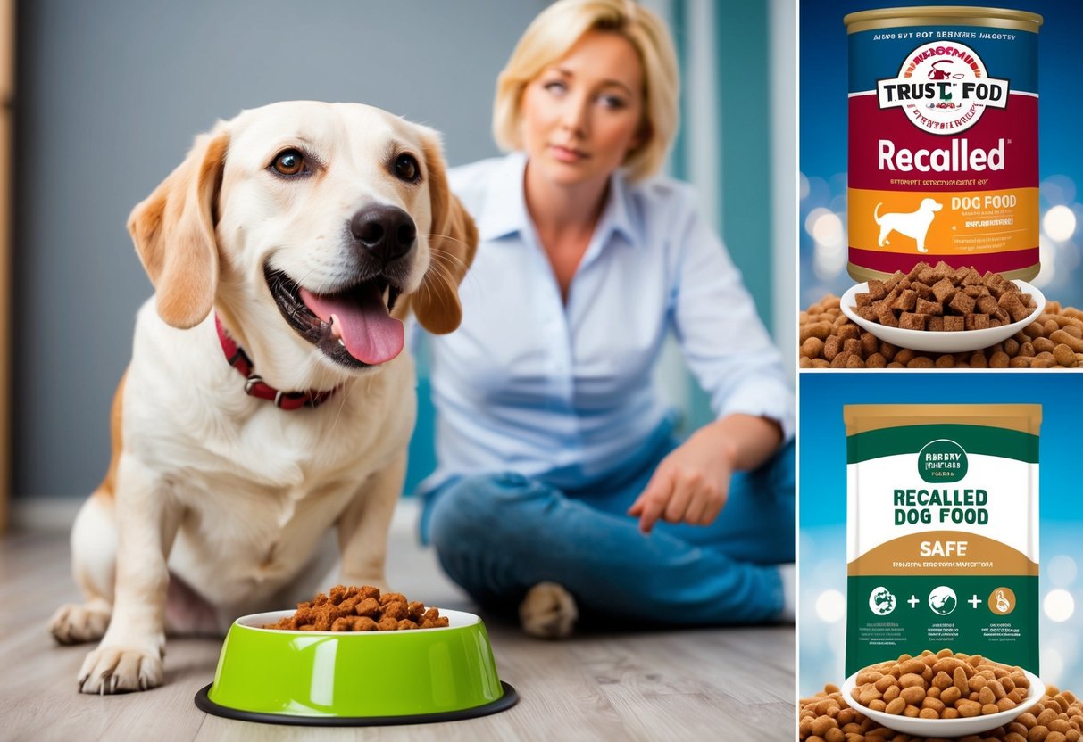 A happy dog eating from a bowl of safe, trusted dog food as a concerned owner looks on, surrounded by images of recalled dog food and protective measures