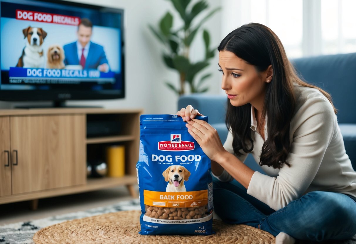 A dog owner carefully inspecting a bag of dog food with a concerned expression, while a news report about dog food recalls plays on the television in the background