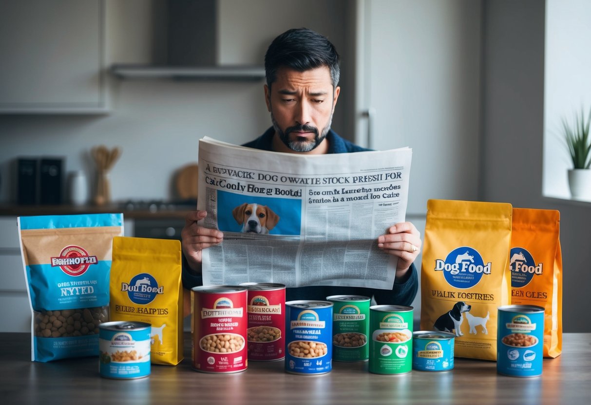 A dog owner reading a newspaper with a concerned expression while surrounded by various dog food bags and cans