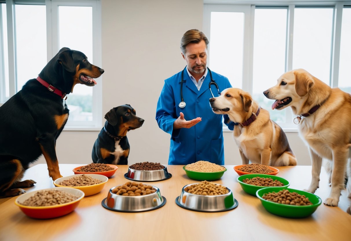 A group of dogs gather around a table with bowls of raw and commercial dog food, while a veterinarian explains the risks and benefits of each option