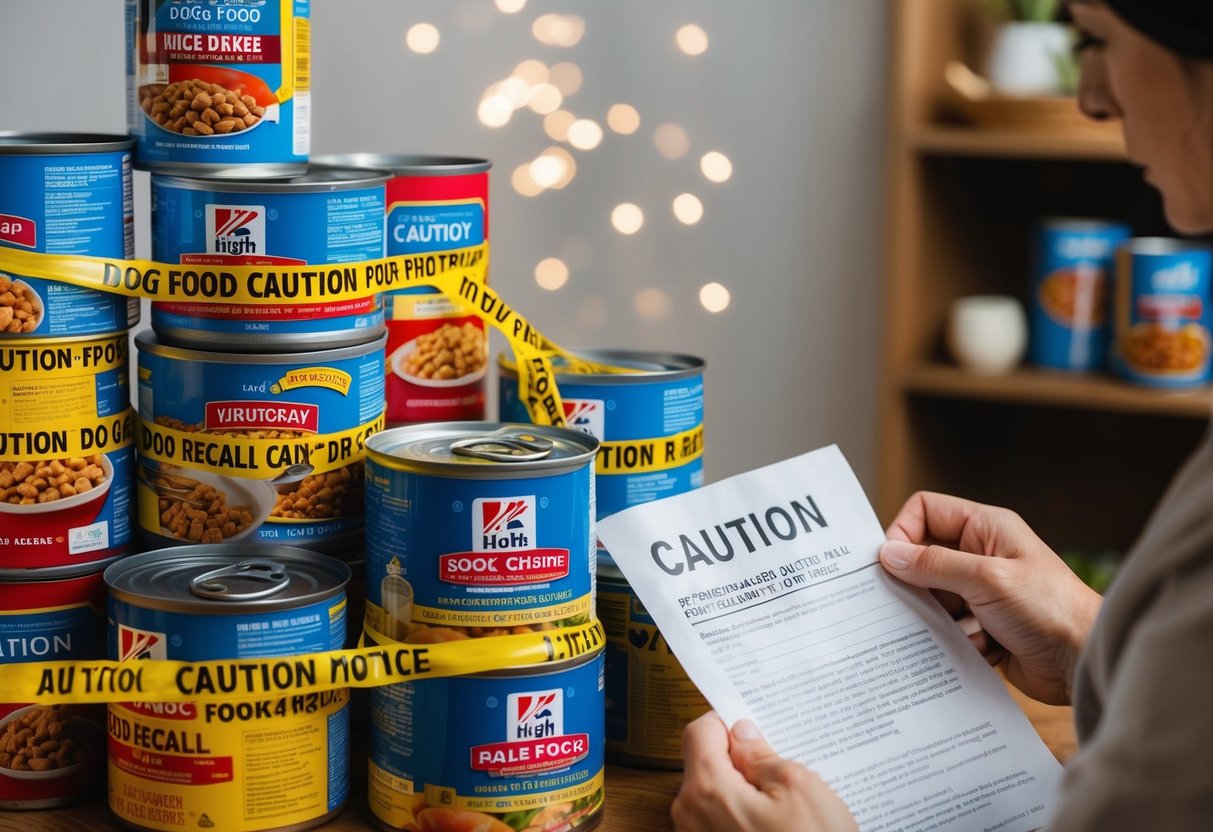 A pile of dog food cans and bags with caution tape around them, a worried dog owner reading a recall notice