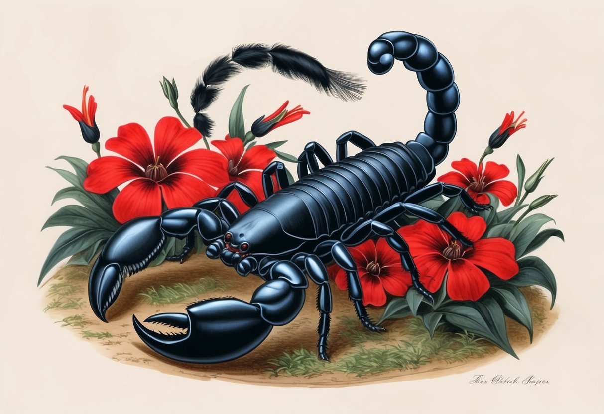 A scorpion poised on a bed of red and black flowers, its tail raised in a graceful arc