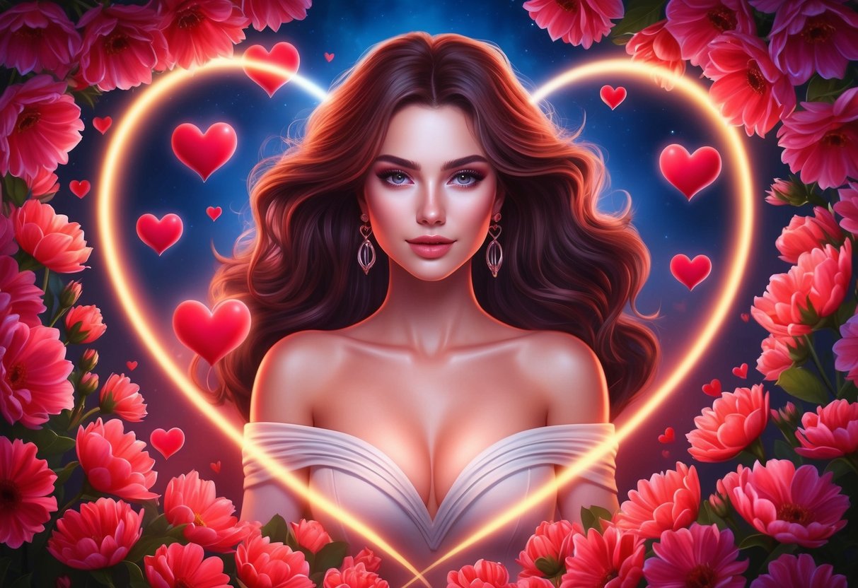 A scorpio woman surrounded by heart-shaped flowers and a glowing aura of love and passion