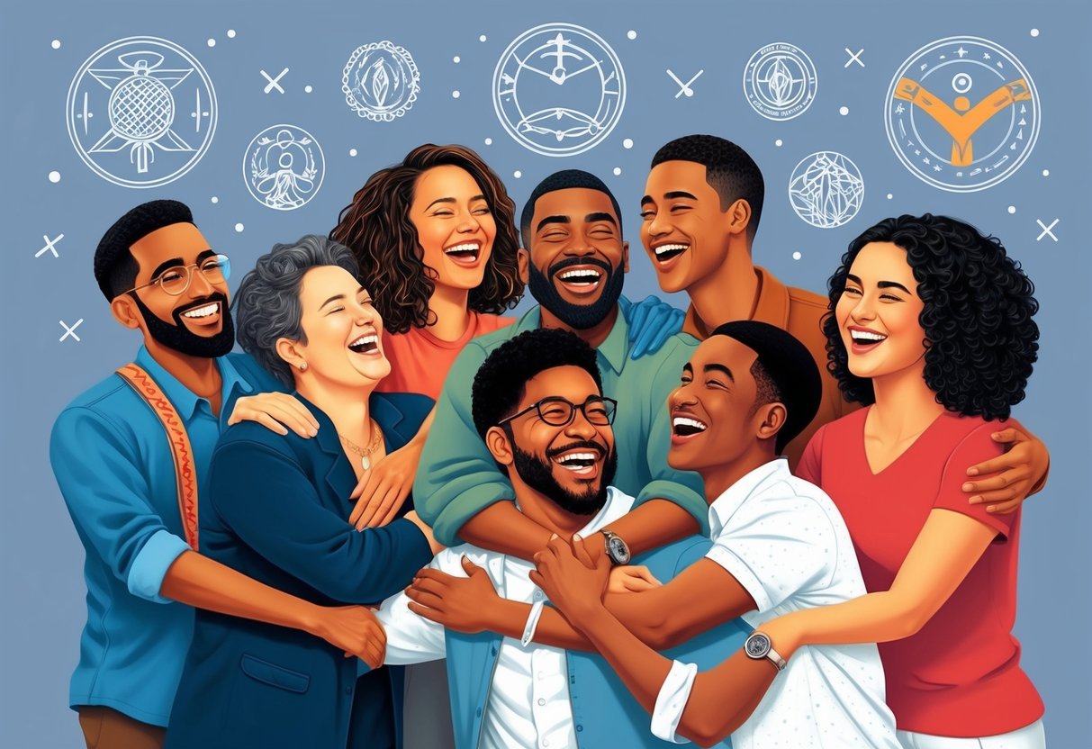 A group of diverse individuals laughing and hugging, surrounded by symbols of unity and connection