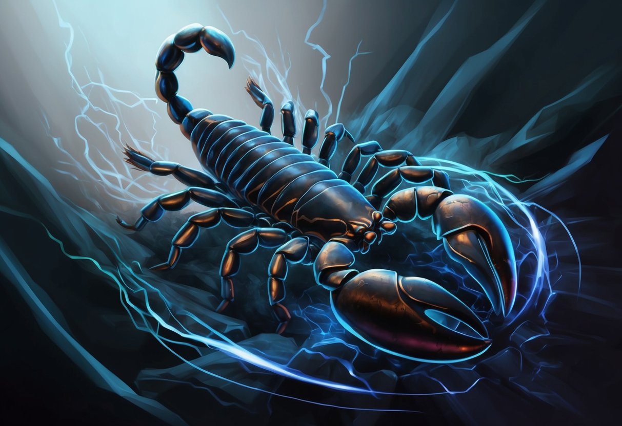 A mysterious scorpion emerging from the shadows, surrounded by intense and enigmatic energy