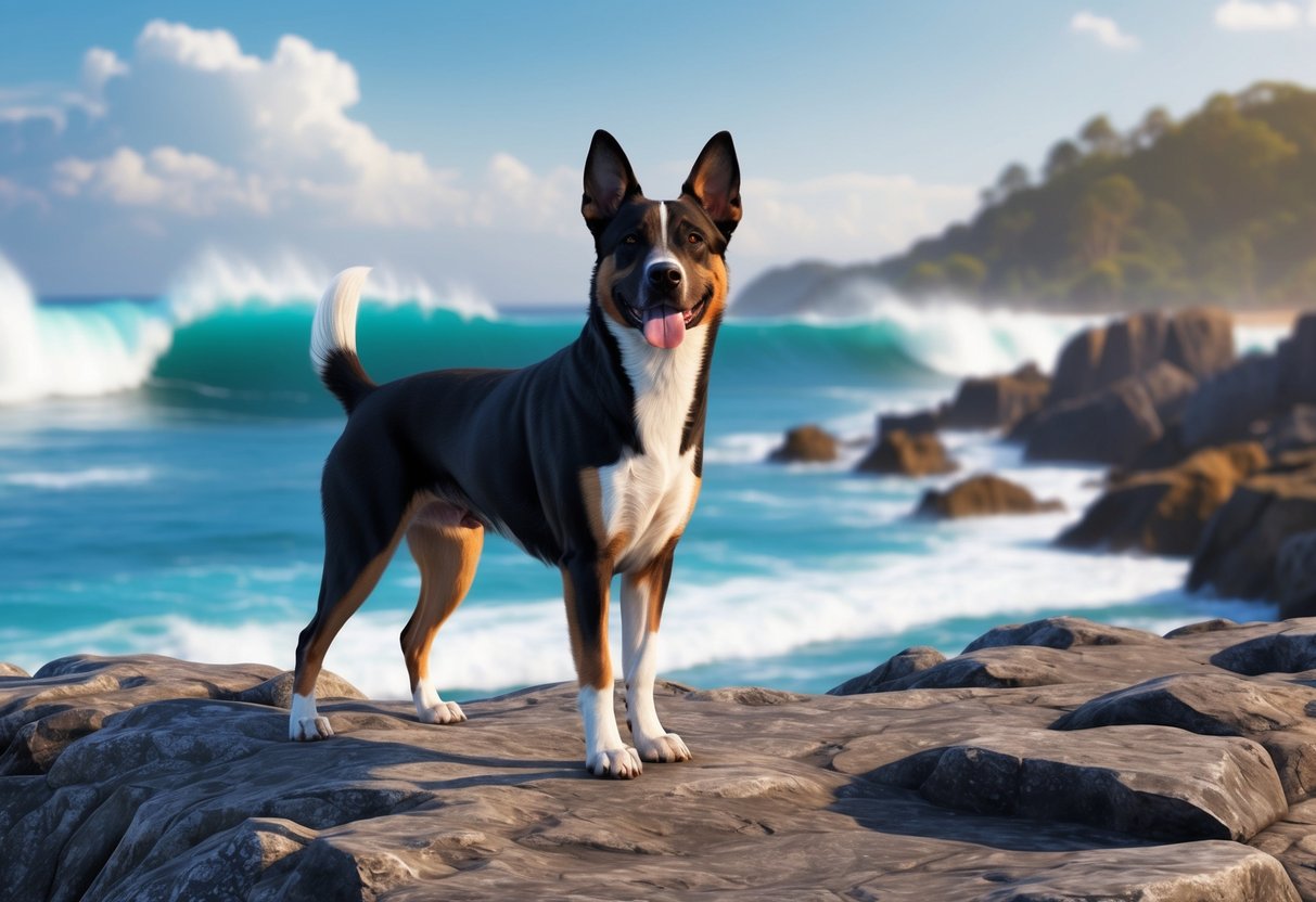 A Barbado da Terceira dog standing proudly on a rocky coastline, with waves crashing in the background