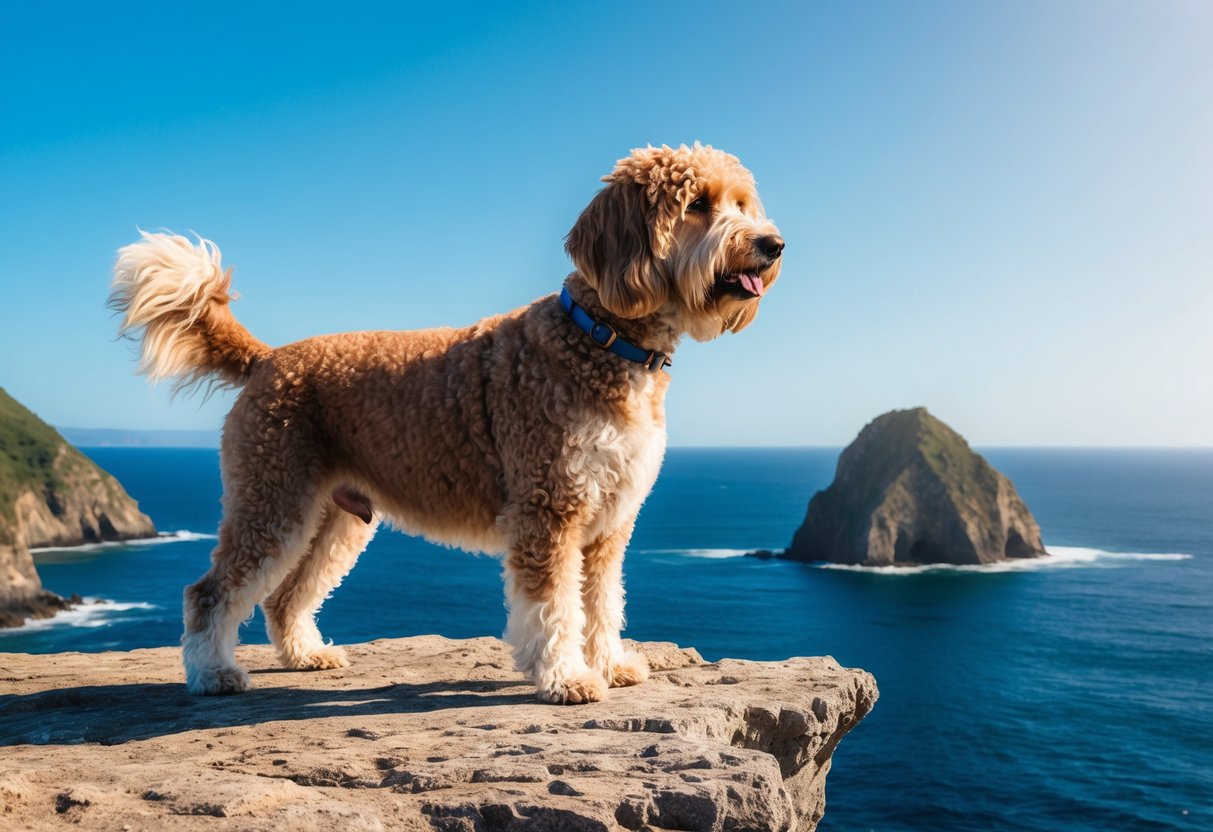 A Barbado da Terceira dog stands proudly on a rocky coastal cliff, with its thick, curly coat blowing in the ocean breeze