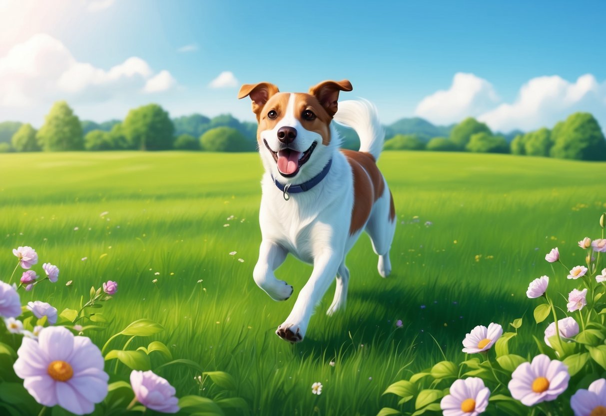 A happy dog running on a lush green meadow with a clear blue sky, surrounded by blooming flowers and a serene atmosphere