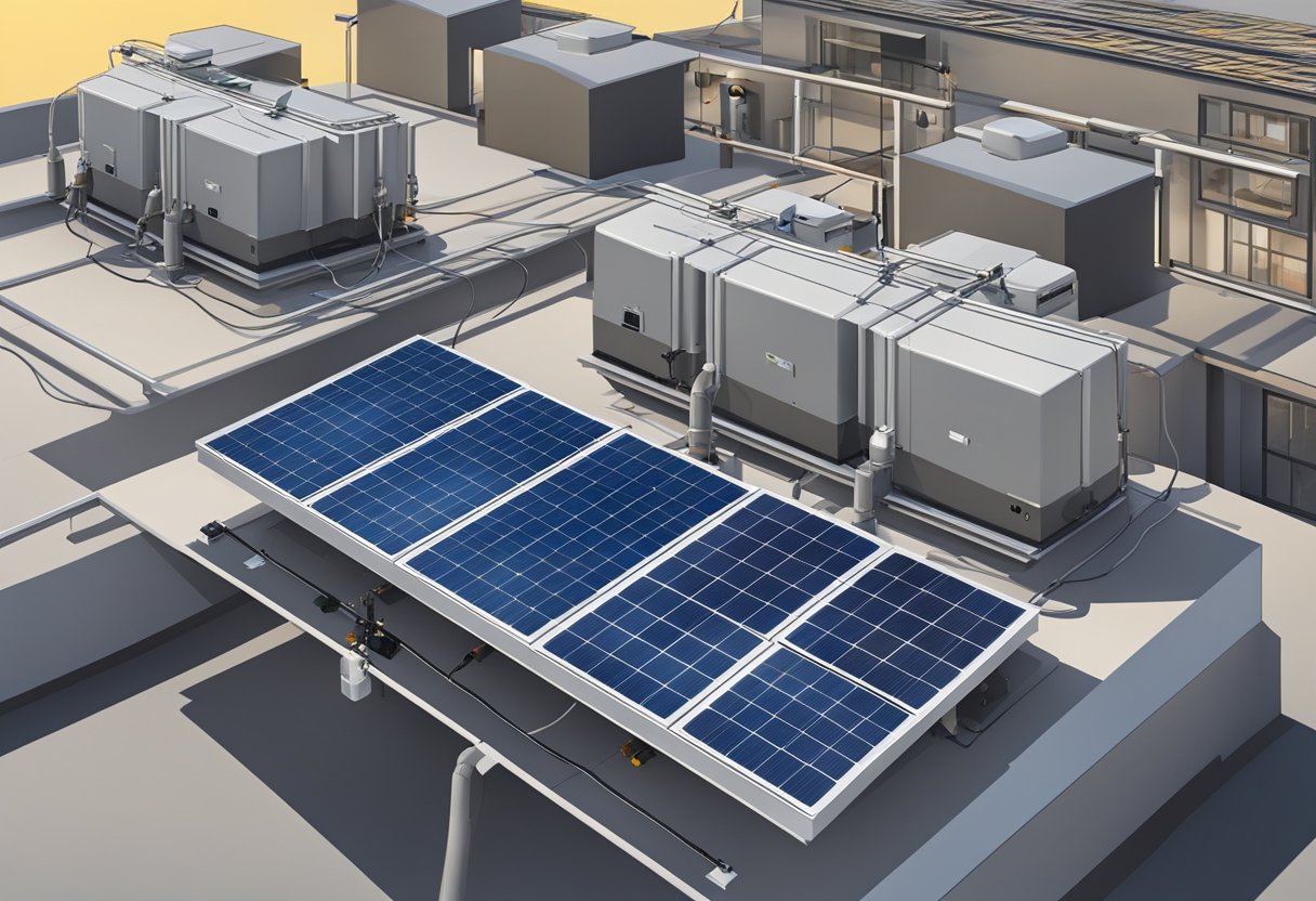 A solar generator being installed on a rooftop, with panels arranged in a neat grid and wires being connected to the main unit