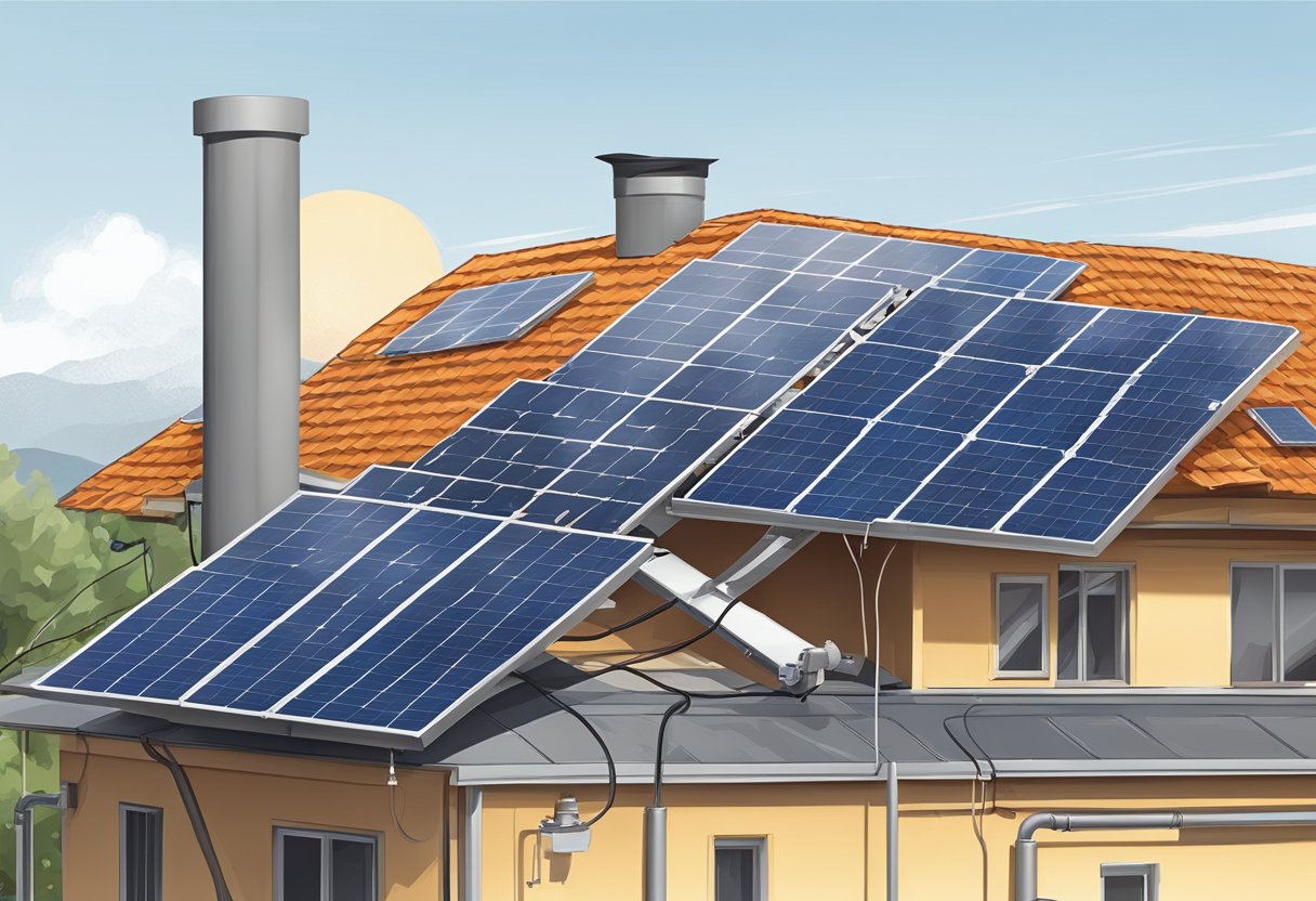 Solar panels being mounted on a rooftop, connected to a generator