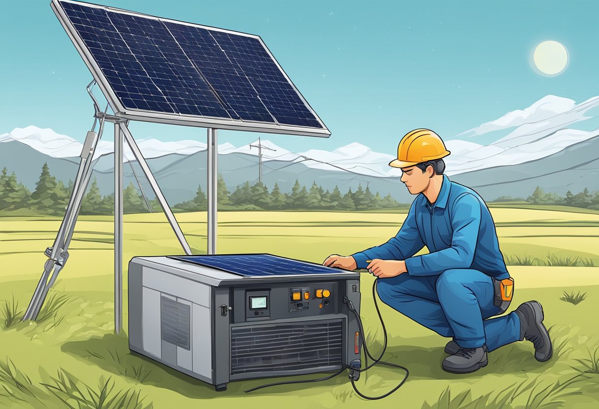 A technician checking and maintaining a solar generator in a remote outdoor location