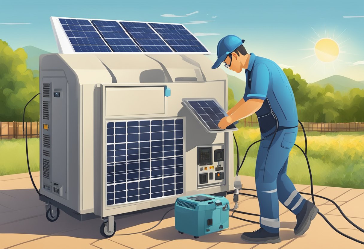 A technician performing maintenance on a solar generator, checking connections and cleaning panels on a sunny day