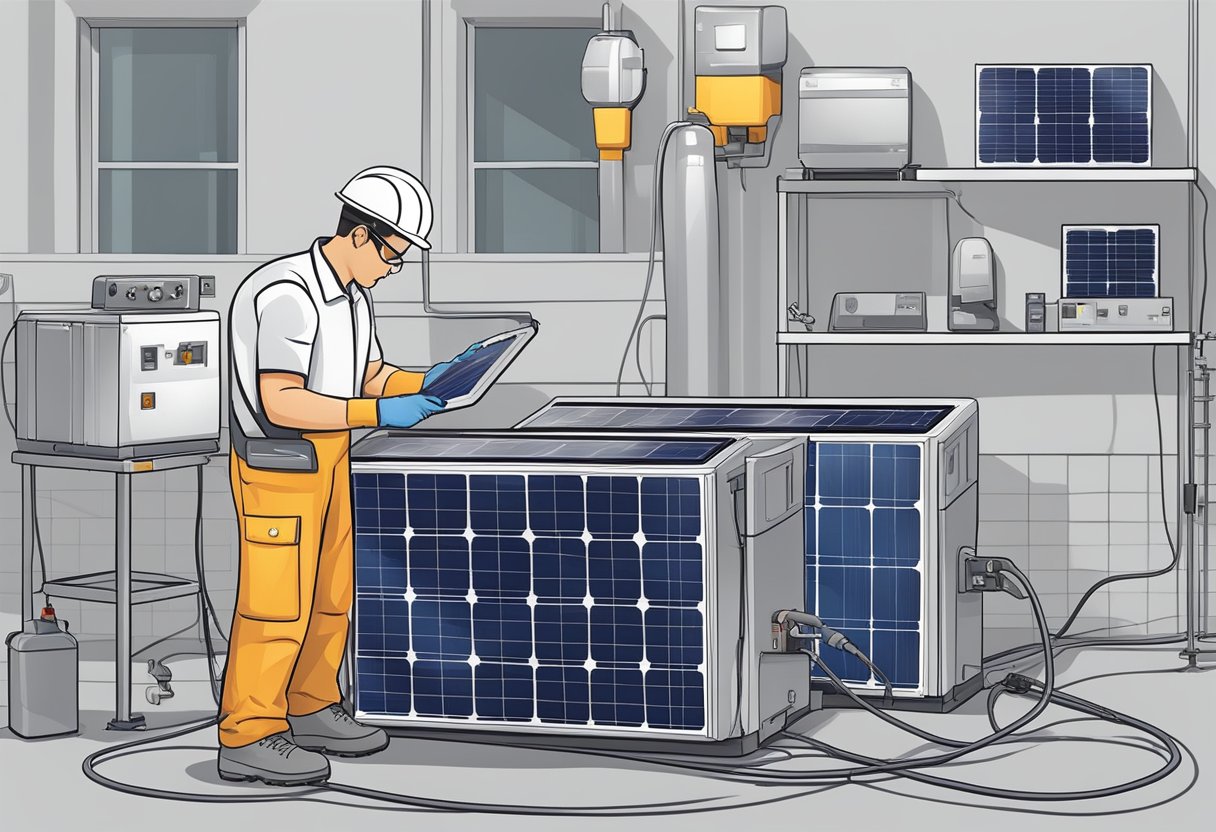 A technician performing routine maintenance on a solar generator, checking panels and connections, cleaning surfaces, and inspecting for any signs of wear or damage