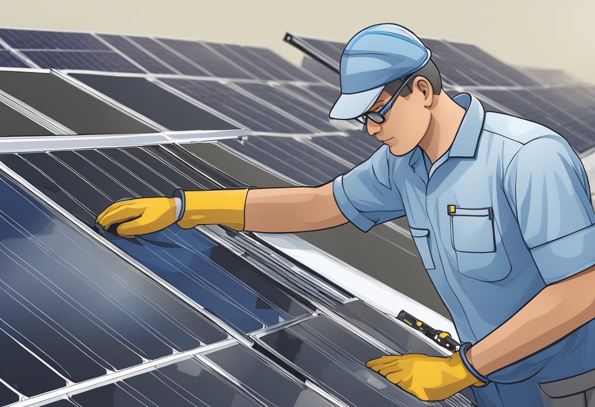 A technician inspecting and cleaning solar panels on a generator