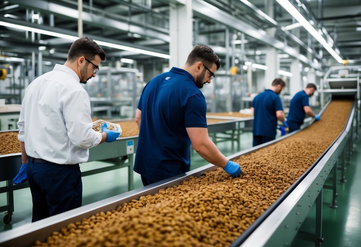 A factory floor with workers inspecting and testing dog food products. Conveyor belts move bags of food through the facility