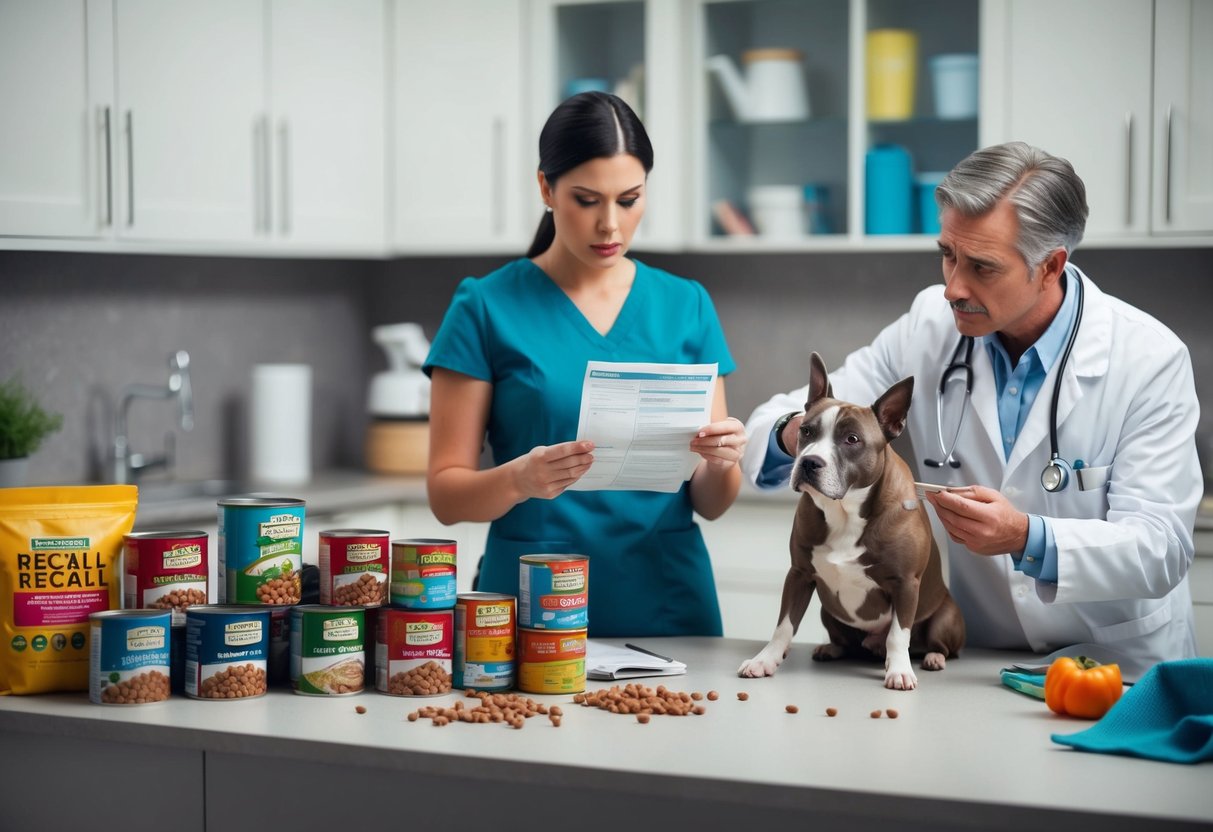 A cluttered kitchen counter with various dog food cans and bags, a worried pet owner reading recall notices, and a concerned veterinarian examining a sick dog