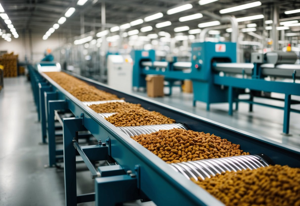 A factory floor with conveyor belts and machines processing pet food