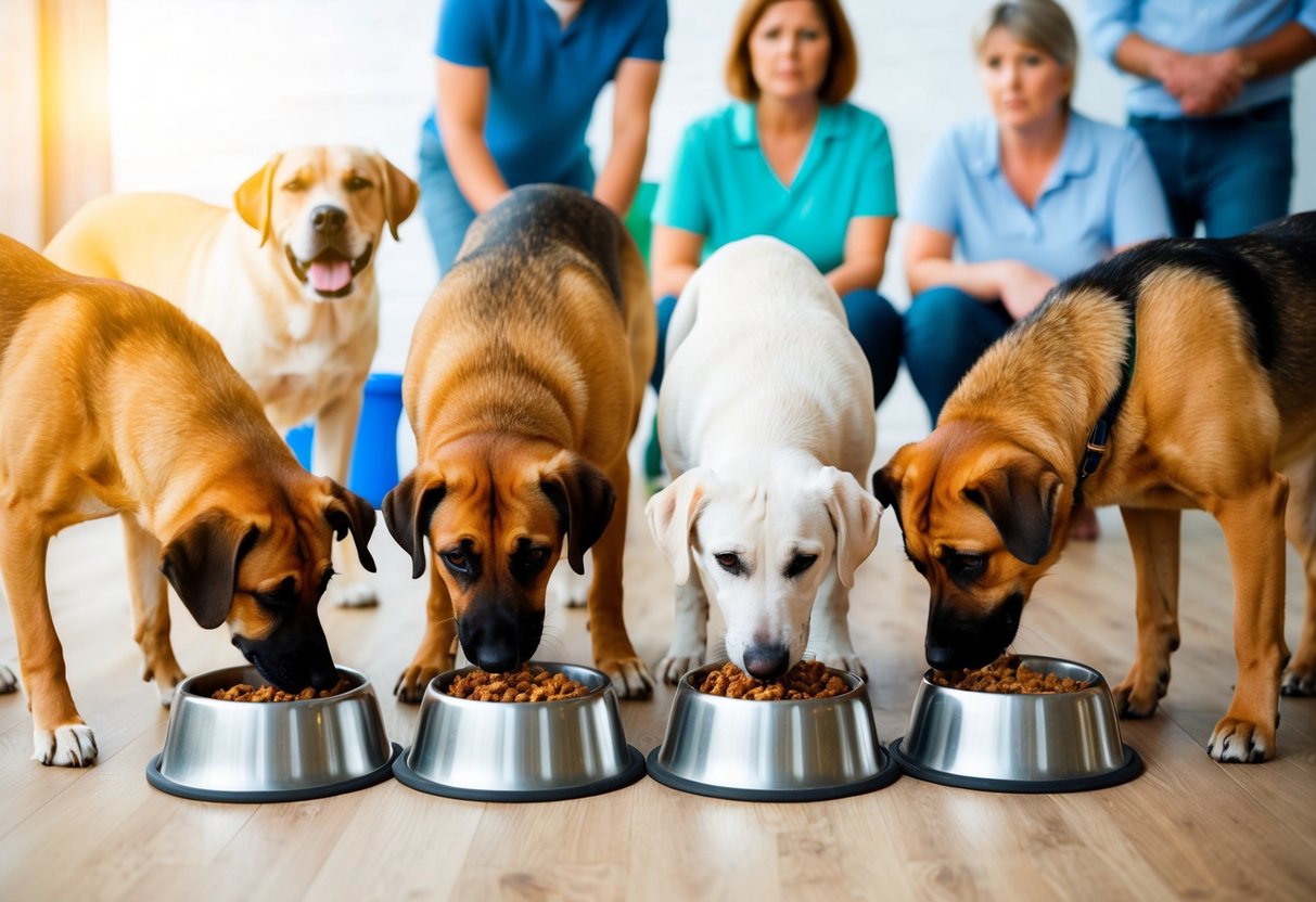 A group of dogs eating from contaminated food bowls, with concerned pet owners in the background