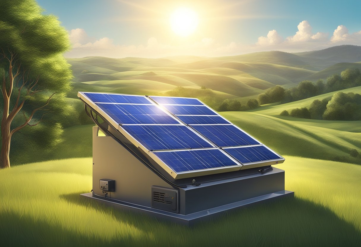 A solar generator sits on a grassy hill, surrounded by sunlight. Panels absorb the rays, converting them into energy